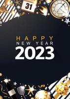 Merry Christmas and 2023 Happy New Year. Black Xmas Background design realistic alcohol bottle of champagne and wine, festive decorative objects gift box, balls, Silver star, and golden confetti vector