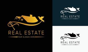 plantilla de logotipo de bienes raíces con insignias premium de estilo creativo dorado para vector de logotipo de agente inmobiliario vendido