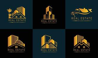 plantilla de logotipo de bienes raíces con insignias premium de estilo creativo dorado para vector de logotipo de agente inmobiliario vendido