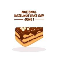 Vector illustration, floating cake slice with chocolate layer and hazelnut topping, isolated on white background, template design for advertisement and national hazelnut cake day banner.