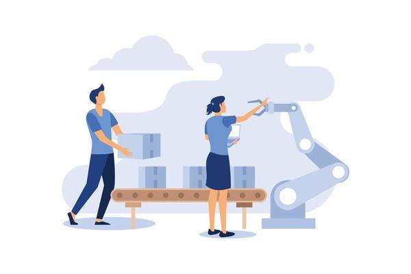 Smart Industry Concept, Showing how robot machine automation get involved in a modern factory production stage, Suitable for landing page, UI, web, flat modern design illustration