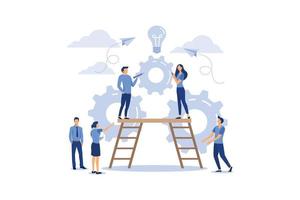 Business concept vector illustration, little people are launching a mechanism to achieve ideas, a light bulb is shining appears an idea, a symbol of creativity, creative ideas, mind, thinking, Vector.