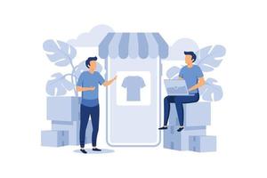 compras en línea comercio electrónico personas diminutas concepto de personaje ilustración vectorial, adecuada para papel tapiz, banner, fondo, tarjeta, ilustración de libros, página de destino web y otras creatividades relacionadas vector