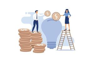 Venture capital. A man standing on a stack of coins, a woman standing on a ladder throwing coins in a light bulb, on the background of dollar icons flat modern design illustration