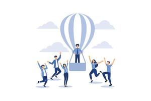 search for new ideas, teamwork in the company, brainstorming, fantasy flight, thought process, balloon flies up the company of little men rejoice flat vector illustration