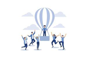search for new ideas, teamwork in the company, brainstorming, fantasy flight, thought process, balloon flies up the company of little men rejoice flat vector illustration