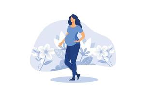 a pregnant woman expecting a baby around the flowers. flat vector illustration