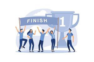concept of success, reach the goal, come first to the finish line, take the leadership positions, celebrate the victory, the first place with the medal and the gold cup flat vector illustration