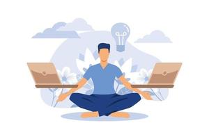 concepto de flujo de trabajo de meditación, beneficios para la salud del cuerpo, la mente y las emociones, posición de loto, proceso de pensamiento, inicio y búsqueda de ideas vectoriales planas vector