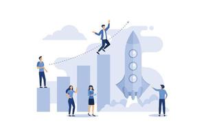 people run to their goal on a column of columns, move up the motivation, the way to achieve the goal, rocket up, flat vector illustration