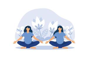 yoga body health benefits, mind and emotions, pregnant woman in yoga pose meditates, preparation for childbirth. flat vector illustration