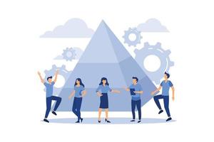 people connect the elements of the pyramid, vector illustration flat design style, symbol of teamwork, cooperation, partnership, advancement, pyramid puzzle