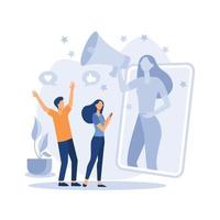 Refer friend concept, women sharing loyalty refferal program links to get a reward, gift, online marketing, loyalty program for customers, characters sending messages sharing links, flat cartoon vector