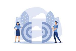 Business concept. Two businessmen pushing target. Team works to reach goal. Vector illustration flat style design. Connecting piece part. Symbol of working together, cooperation, partnership vector