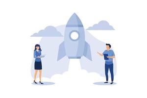 Start Up Idea Concept, Showing working space building rocket like startup company, Suitable for landing page, ui, web, App intro card, editorial, flyer,and banner flat modern design illustration vector