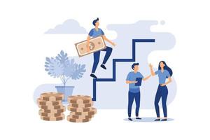 hombre de negocios bajando las escaleras y sosteniendo dinero, planeando carrera, concepto de crecimiento profesional, ilustración de vector plano de trabajo en equipo