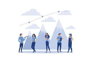 business people conquer the mountain. metaphor the way to the goal and the distribution of seats between the participants. visible career growth, flat vector illustration