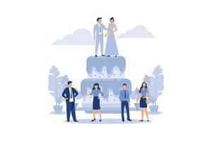 Vector illustration of a big wedding cake with a pair of bride and groom, invitation card, joyful guests, romantic event flat modern design illustration