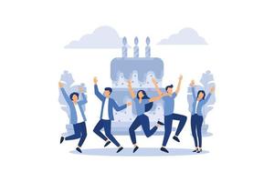 little people celebrate corporate at work standing near a big cake, organize solemn events, catering agency, marketing agency. flat vector illustration