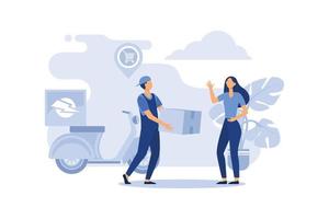 Online Delivery Service Concept, Showing a delivery man sending package to customer, Suitable for landing page, UI, web, App intro card, editorial, flyer,and banner flat modern design illustration vector