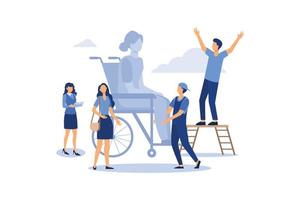 assistance to a disabled person, a person in a wheelchair helping him other people, social workers, medical help, rehabilitation flat vector illustration