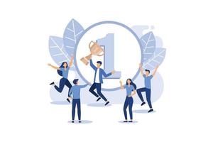concept of success, reach the goal, come first to the finish line, take the leadership positions, celebrate the victory, the first place with the medal and the gold cup flat vector design illustration