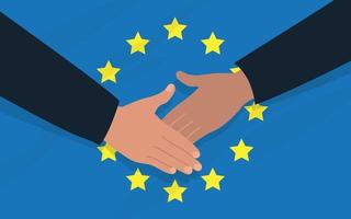 Handshake of two people on the background of the EU flag. Diplomacy, politics, friendship. Vector image.