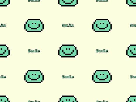 Smile cartoon character seamless pattern on yellow background. Pixel style vector
