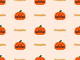 Pumpkin cartoon character seamless pattern on orange background. Pixel style vector