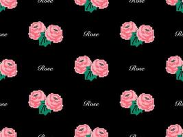 Rose cartoon character seamless pattern on black background. Pixel style vector