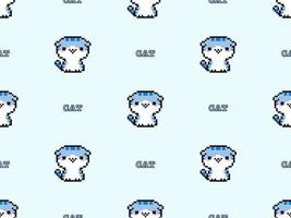 Cat cartoon character seamless pattern on blue background. Pixel style vector