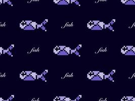 Fish cartoon character seamless pattern on purple background. Pixel style. vector
