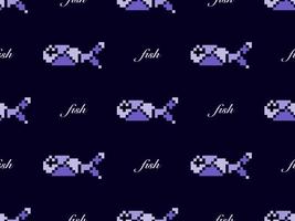 Fish cartoon character seamless pattern on purple background. Pixel style. vector