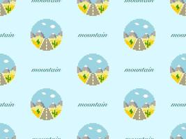 Mountain cartoon character seamless pattern on blue background. Pixel style vector