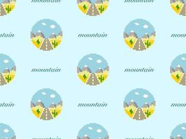 Mountain cartoon character seamless pattern on blue background. Pixel style vector