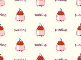 Pudding cartoon character seamless pattern on yellow background. Pixel style vector