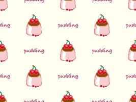 Pudding cartoon character seamless pattern on yellow background. Pixel style vector