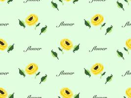 Flower cartoon character seamless pattern on green background. Pixel style vector