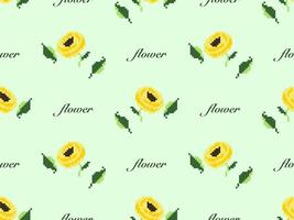 Flower cartoon character seamless pattern on green background. Pixel style vector