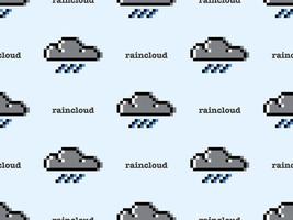 Rain cloud cartoon character seamless pattern on blue background. Pixel style. vector