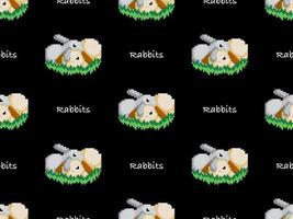 Rabbits cartoon character seamless pattern on black background. Pixel style. vector