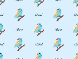 Bird cartoon character seamless pattern on blue background. Pixel style. vector