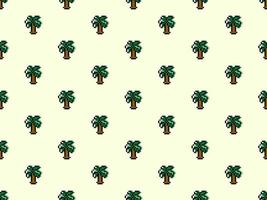 Tree cartoon character seamless pattern on yellow background. Pixel style. vector