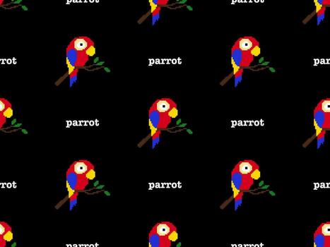 Parrot cartoon character seamless pattern on black background. Pixel style vector