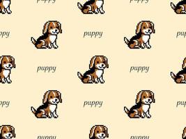 Dog cartoon character seamless pattern on yellow background. Pixel style. vector