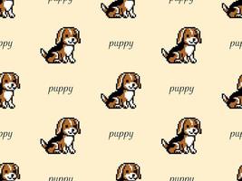 Dog cartoon character seamless pattern on yellow background. Pixel style. vector