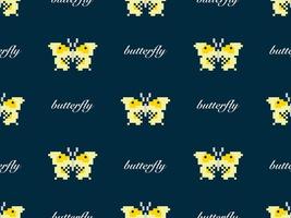 Butterfly cartoon character seamless pattern on blue background. Pixel style vector