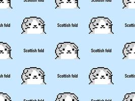Scottish fold cartoon character seamless pattern on blue background. Pixel style. vector