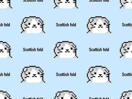 Scottish fold cartoon character seamless pattern on blue background. Pixel style. vector