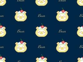 Bear cartoon character seamless pattern on blue background. Pixel style vector